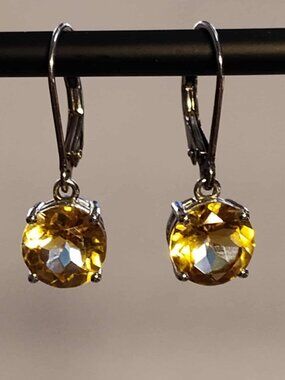 3.75ctw round Brazilian Citrine, Rhodium over .925 sterling dangle earrings